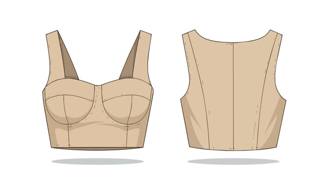 Stylish Beige Women Bustier Corset Crop Top Fashion Technical Flat Sketch Apparel Front and Back View