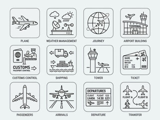 Fototapeta premium Airplane Departure Travel Icons Set.
