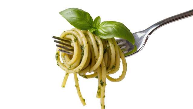 Spaghetti with pesto sauce and basil leaves on a fork, isolated on transparent background