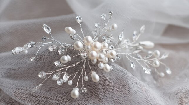 Elegant bridal hair piece with pearls and crystals atop white tulle