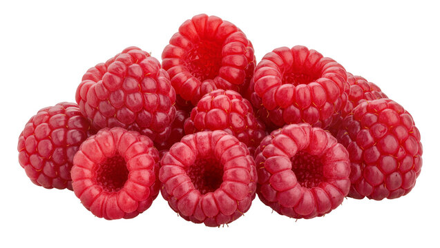 Heap of ripe red raspberries, isolated on transparent background
