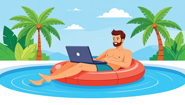 Man working on laptop on float.