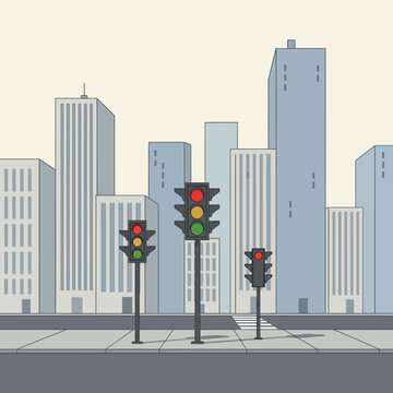 Cityscape with stoplights: Urban traffic and modern environment concept illustration