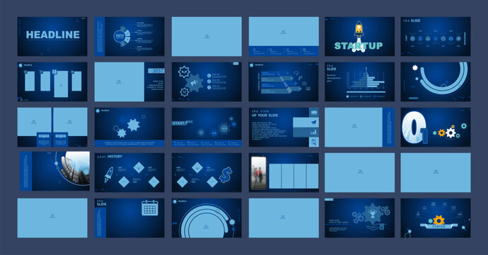 Business presentation template. Design, blue elements for presentation on a blue background. Infographics, technology development. Use in flyers, startup, marketing, PowerPoint, Vector Illustration
