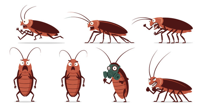 Funny cartoon cockroach characters set showing different emotions, running, wearing a gas mask, and expressing anger or fear.