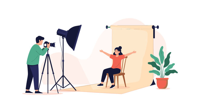 Professional photographer taking photos of happy female model posing on chair in photo studio with lighting gear flat vector illustration.