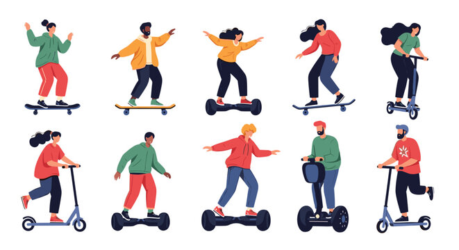 Diverse people using modern electric personal transport including scooters, skateboards, segways, and hoverboards in vector character set.