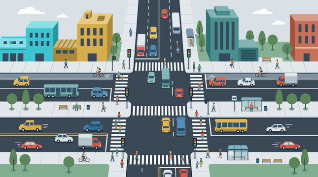 City street scene: cars, buses, pedestrians crossing at intersection.