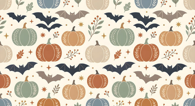 Seamless Halloween pattern with pumpkins and bats.
〈カボチャとコウモリのシームレスなハロウィンパターン〉