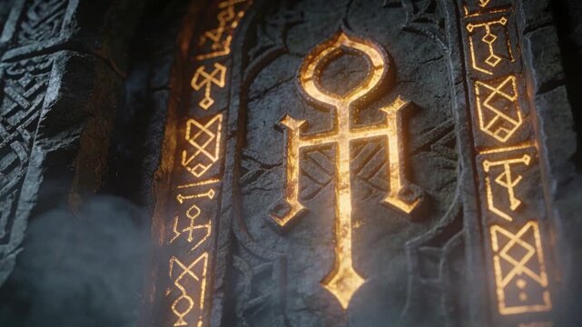 Pushing camera revealing central glowing glyph closer in carved stone arch, rune panels glowing