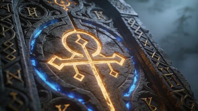 Pushing camera showing carved stone slab at misty ruin, golden cross glowing, blue inlay flickering