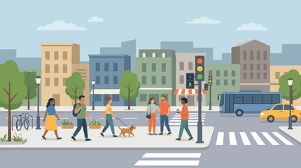 Obraz premium City street scene with diverse people, buildings, and transportation.