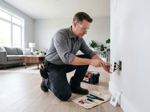Electrician installing or repairing an electrical outlet in a modern home