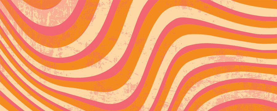 1970 Wavy Swirl Seamless Pattern in Orange and Pink Colors. Hand-Drawn Vector Illustration. Seventies Style, Groovy Background, Wallpaper, Print. Flat Design, Hippie Aesthetic.