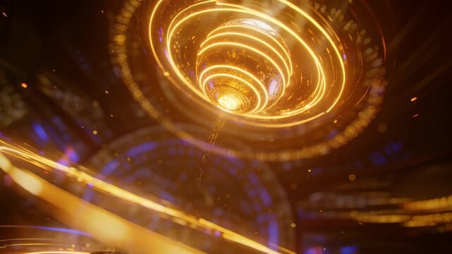 Hovering glowing golden orb after pulse, rising and settling above ornate base amid rotating rings