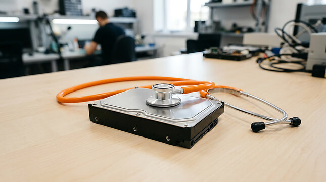 Computer repair and data recovery concept with hard drive and stethoscope