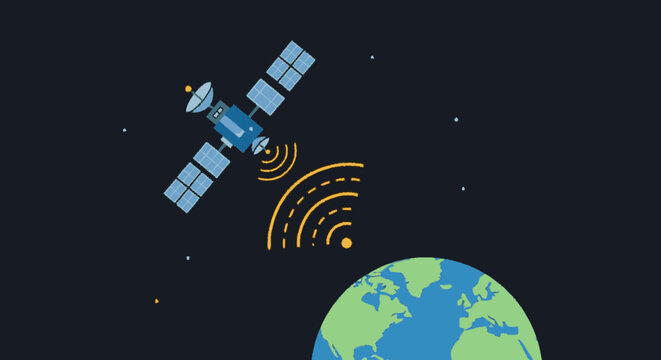 Minimalist flat illustration depicting a blue communication satellite 