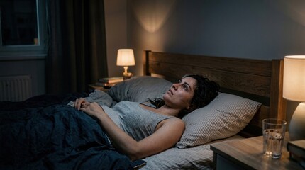 Fototapeta premium Stressed woman suffering from lying awake in bed at dark night.