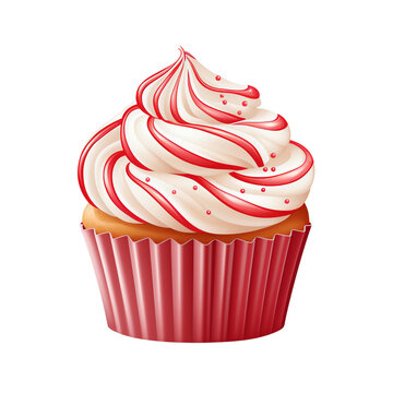 Candy cane swirl cupcake with red and white peppermint frosting in a red wrapper for Christmas and holiday celebration