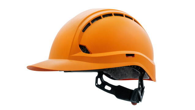 Orange safety hard hat with ventilation slots, isolated on transparent background