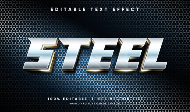 Steel metal 3D text effect vector template with metallic chrome texture
