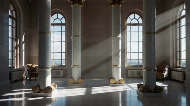 Soft sunlight passing through tall architectural windows, creating slowly shifting light and shadow across elegant columns in a timeless interior for luxury, architecture and heritage concepts.