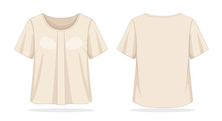 Naklejka premium Women Fashionable Beige Short Sleeve Blouse with Round Neck and Pleated Details Front and Back View Mockup Set