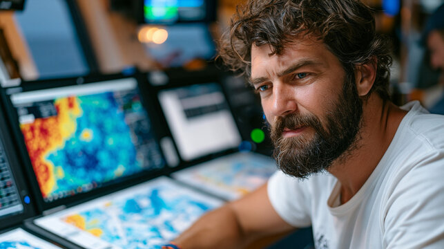 ocean engineer studies thermal gradient mapping data aboard a research vessel anchored above an ocean thermal energy conversion pilot installation, sonar readouts and temperature charts spread acros