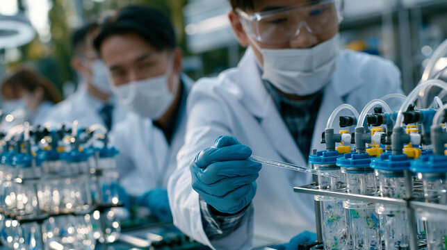 ocean thermal energy conversion research team reviews heat exchanger blueprints aboard a floating platform laboratory, engineers gesturing at cross-section diagrams while depth profiling equipment r