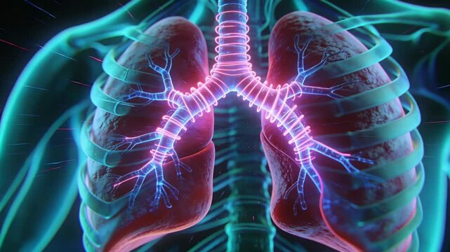 Animating paired lungs showing tracheal pulse propagating light into bronchi and rib arcs in thorax