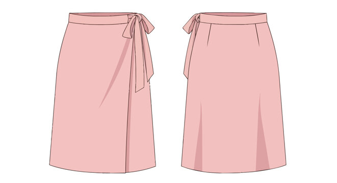Ladies Pink Wrap Midi Skirt Technical Flat Sketch With Front And Back View, Stylish Bow Tie Waist Clothing Design