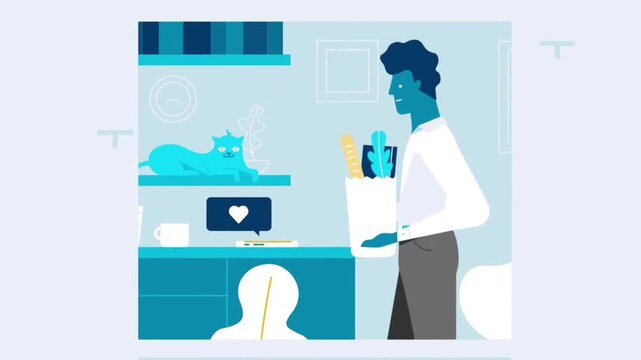 2D Animation of Professional Business Man Carrying Shopping Bag Next to Office Desk and Computer, Workspace Productivity Concept
