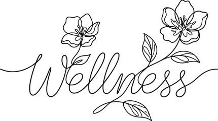 Fototapeta premium Elegant hand-drawn wellness word with floral line art for branding and design.