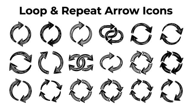 Collection of black circular loop and repeat arrow icons in various styles on white background, vector design elements.