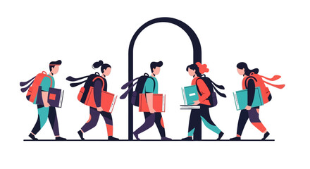 Fototapeta premium Students with backpacks and books walking through doorway