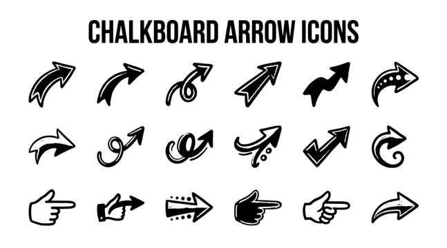 Collection of 12 hand-drawn chalk arrow icons on blackboard background, vector sketch design elements in monochrome.