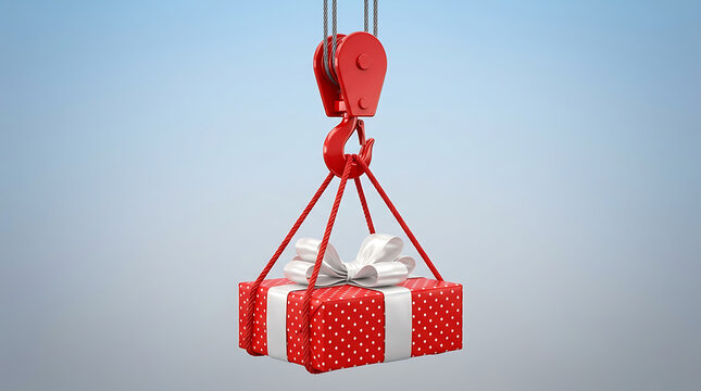 Red industrial crane hook lifting a large polka dot gift box against a blue sky background