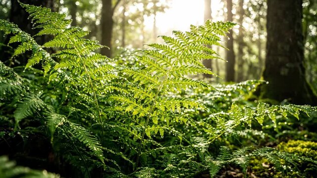 Lush green ferns thrive in tranquil forest, where sunlight filters through trees, illuminating dew kissed foliage and embracing natures serenity