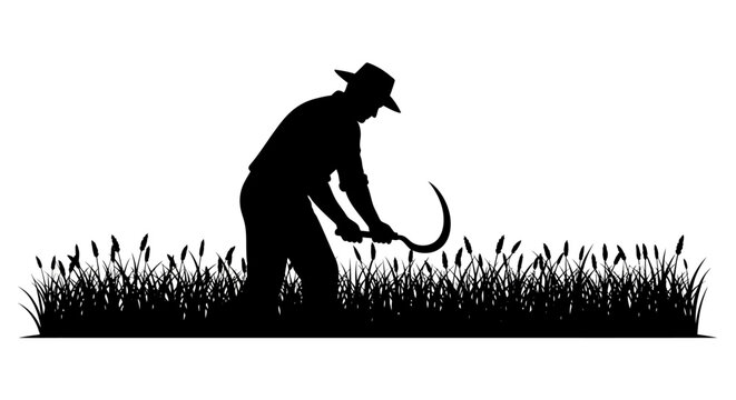 Silhouette of a farmer harvesting crops with a sickle in a field.