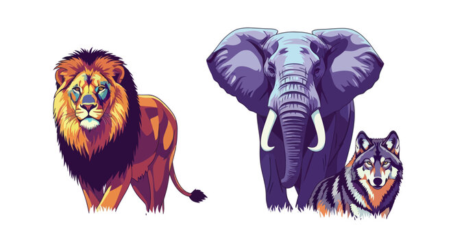 Majestic male lion illustration in colorful pop art style, isolated on white background