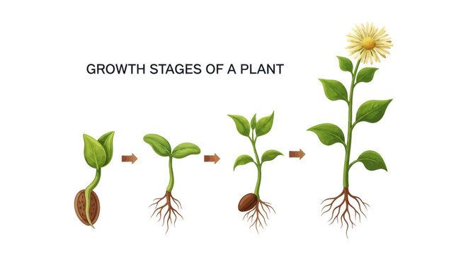 Plant growth stages vector illustration showing seed germination and seedling development with roots on white background