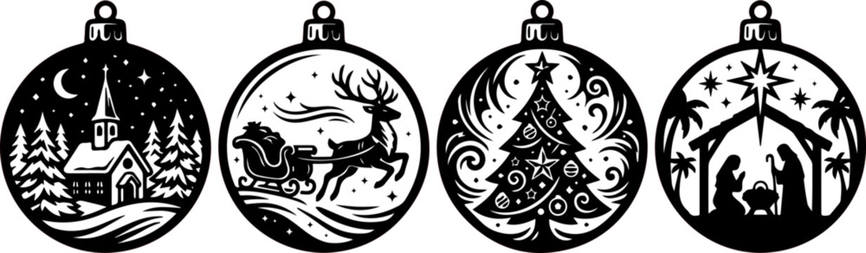 Vintage Christmas ornaments set for laser cutting. 4 flat wooden baubles with festive winter scenes, engraving vector templates.