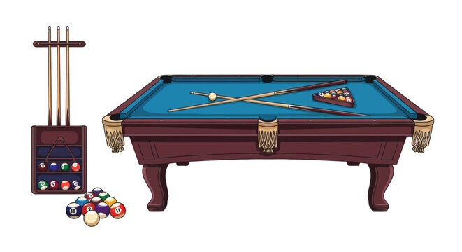 Vector illustration of a billiard pool table with cues and balls on a white background.