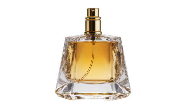 Elegant faceted glass perfume bottle with golden spray nozzle, isolated on transparent background