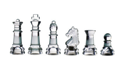 Clear glass chess pieces including queen king bishop knight rook and pawn, isolated on transparent background © Alexander