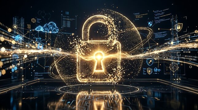 Disintegrating glowing digital padlock surrounded by binary code data streams and cloud icons symbolizing cyber attacks and network defense mechanisms.