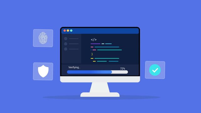 Animated flat vector illustration of a desktop monitor displaying software code with artificial intelligence, security shield, and verification icons. Modern AI security, data protection, and smart te