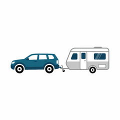 Fototapeta premium A blue SUV pulls a silver travel trailer along the highway