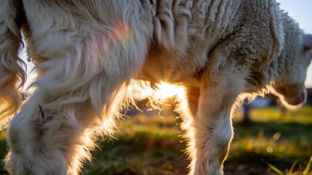 Moving woolly sheep shifting forward after finding grass while foraging in pasture, rainbow flare