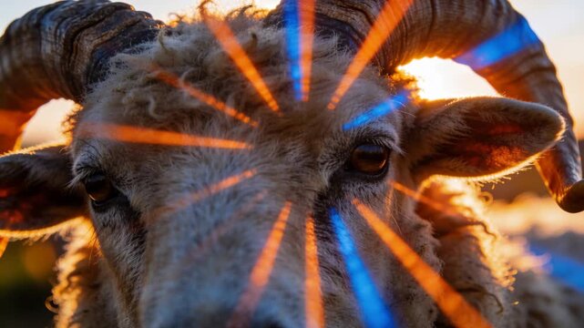 Sweeping orange-blue rays crossing adult ram horns and wool in pasture while low sun backlighting